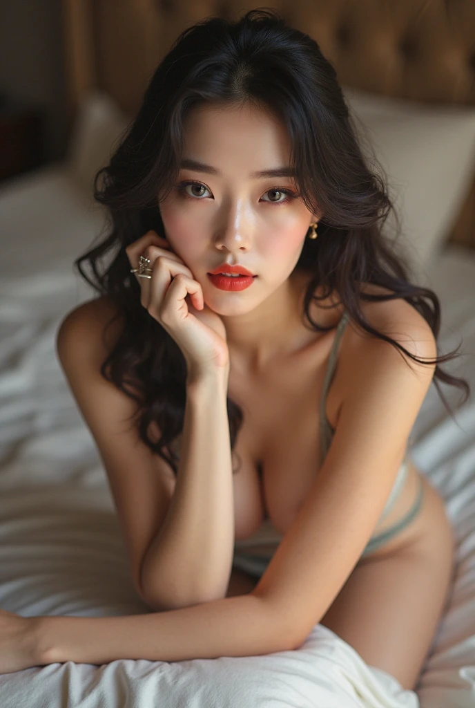 Chinese girl, white skin, shaggy breasts, big breast, 2, mourning face, thick body, sexy body, curvy waist, sunny morning, milky white skin, a butterfly tattoo on the shoulder back, a big flower tattoo on the thigh, there is a text tatoo says "Thasya" on the lower arm, sexy green gown, lying prone, lying face down, on the red sofa, spread the legs, nakeness, full body, beautiful nail arts, thin pubic hair, wide open her legs, black hair, straight hair, sexy toe, camera from bottom, full body from toe to head, full body on frame, hands covering the vagina