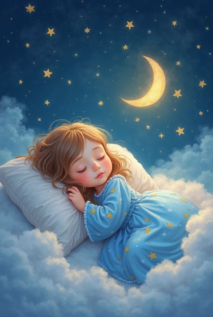 Dreamy sky， sleeping on the moon。many fluffy clouds。As estrelas，light colors hair，Bushy hair，gossamer,  fairy tale painting, A masterpiece of bright light,stunning art, lamplight! Fantastic art, fairy tale artwork, inspiring art, fantastic work of art