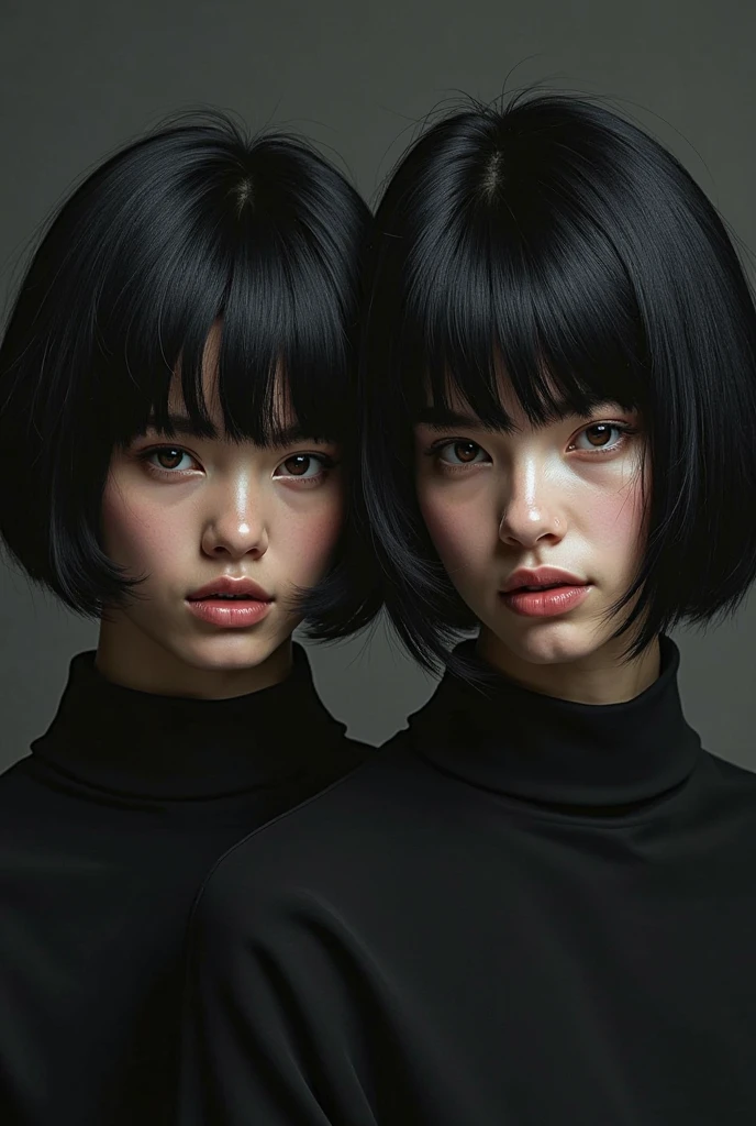 arafed asian woman with short hair and a black shirt, with short hair, with short hair with bangs, short straight hair, princess cut, 黒princess cutヘア, Black-haired Sui Ishida, 白princess cutの髪型, with short straight brown hair, black short curtain haircut, with a bob cut, short hair with gel, short black hair,.