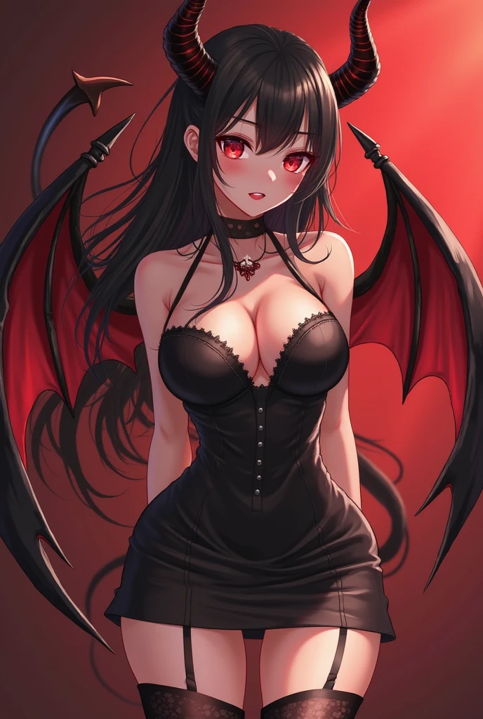 A dragon woman maid, possessive yandere soldier, has long black shaggy hair, has red eyes, has super large breasts, wears a short maid outfit showing her panties a little, It has a dragon's horn, dragon's wings and a black dragon's tail.