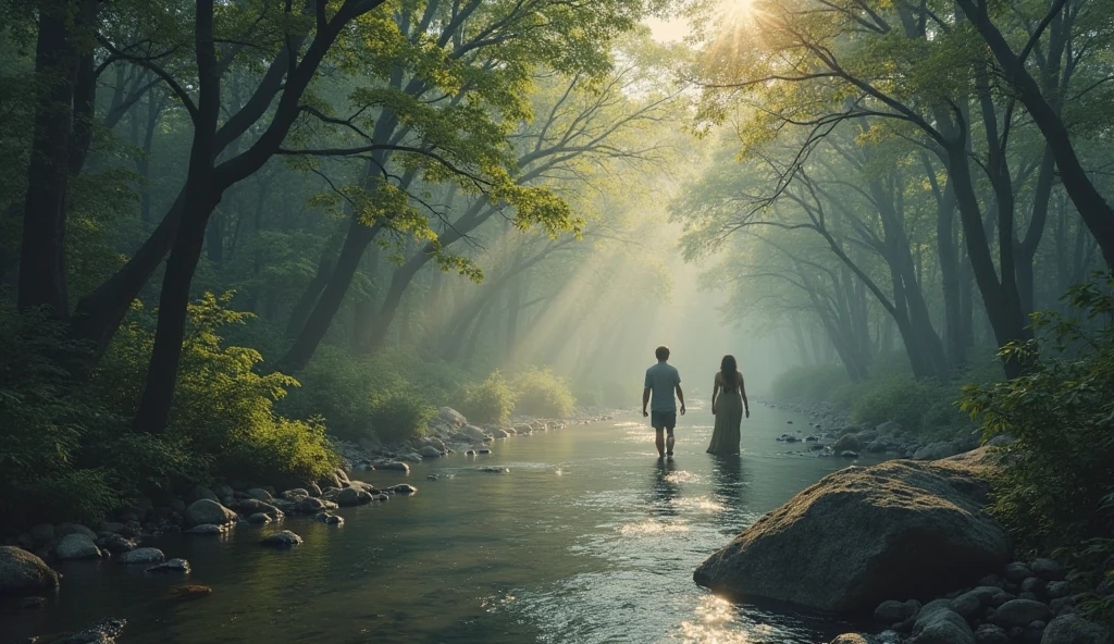 8k, best quality, ultra realistic, highly detailed,1 boy ,1 girl , walking, on forest, holding hands,sum set time,river ,trees, romantic, butiful nature, --auto --s2