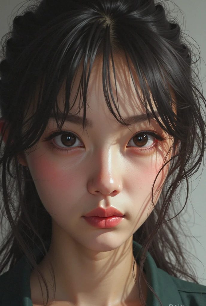 RAW photo, dynamic angle, highly detailed, soft light, 1girl, ((sweaty):1.1), pale skin, korean, 14 years old, cold smile, black shirt, black pants, long black hair, bright red eyes, freckles, head tilted, at lift, inside elevator, 8k, masterpiece