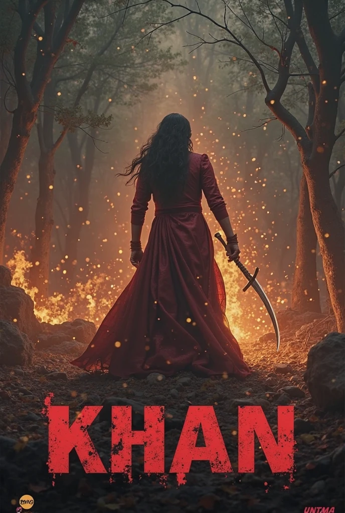 The scene should feature a dark, eerie atmosphere with a haunting, a young beautiful and hot bride figure standing in a pose, dimly lit room. with glowing, sinister eyes peeking through. A village scene in background. Include the title 'Khuni Vadhu' in bold, blood-red text with a dripping effect, making it stand out against the dark background."