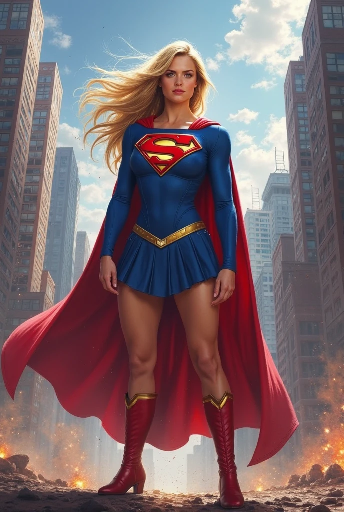 (masterpiece, highest quality, highest quality, Official Art, Beautiful and aesthetic:1.2), (1 Girl)Beautiful body, Detailed face,((Sharp focus on the crotch)),solo,fighting supergirl,strong wind from below