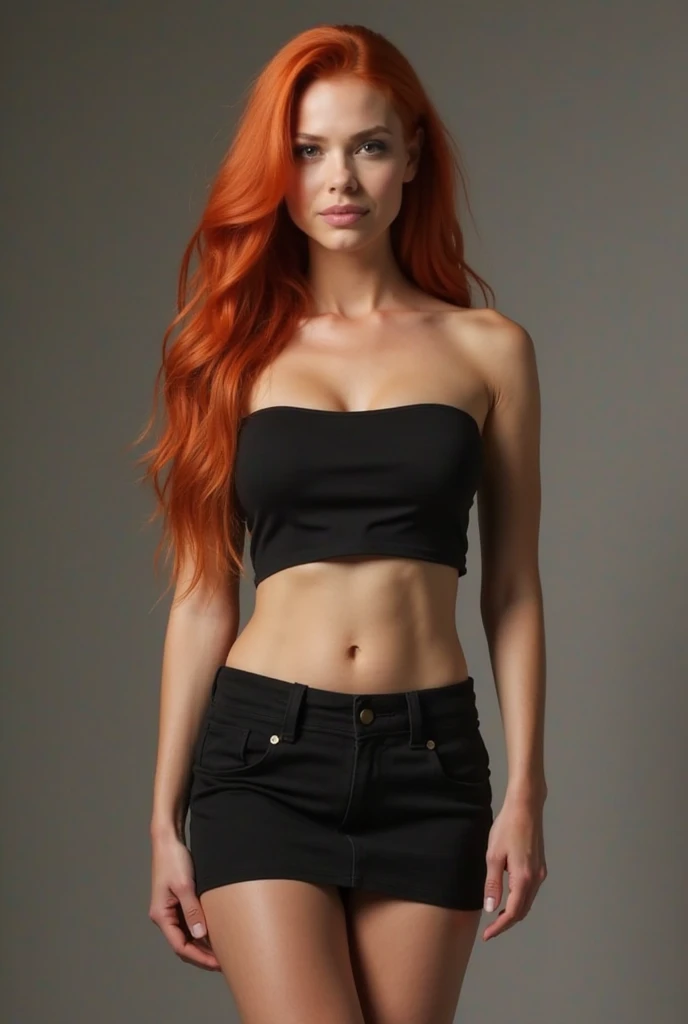 ultra realistic, photography, long red hair, girl, 24 years old, hourglass figure, perfect body, long legs, Flirty look, extremely detailed artgerm, in the style artgerm, small natural breasts, facing the camera, Nikon z fx, lens 35 mm, blur background, wearing a red top, wearing black skinny jeans