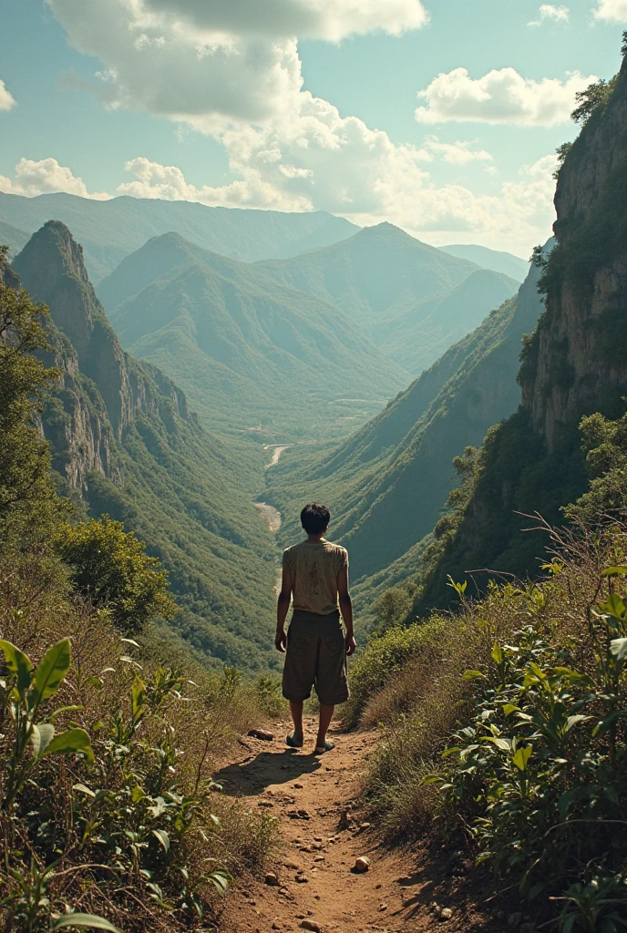 a tall, young, handsome and strong Filipino warrior holding a spear stumbled upon a large stream on a distance. he sould have no armor. the stream should be large. he is far away from stream but je can see it