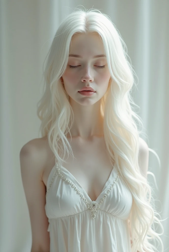 A 30-year-old woman lying on a white floor,Long Hair,White Dress,White skin,Double Eyes,Natural Makeup