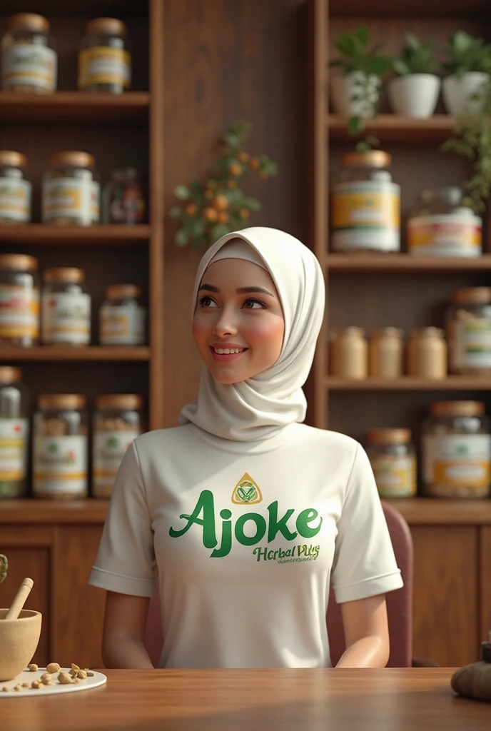 Beautiful Korean woman wearing a hijab, wearing a yellow crop top with the words "Madu Alami SJ MORBEY", right hand holding a long eggplant, at the end of the eggplant there are drops of condensed milk, left hand looking up, white begron
