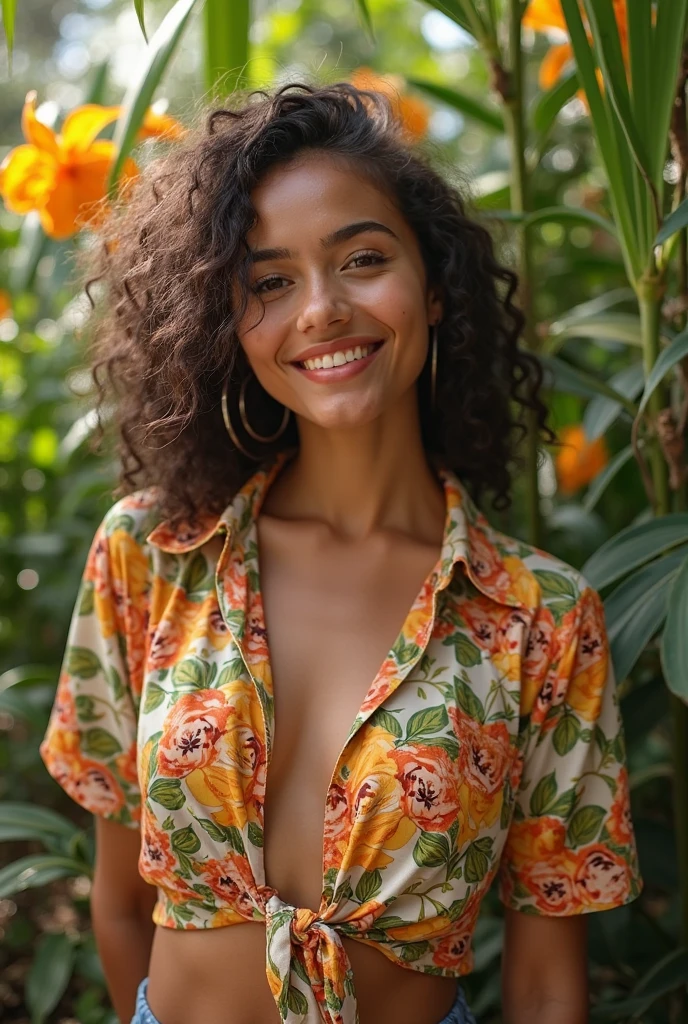 A Brazilian woman in a lush tropical garden, wearing an open shirt with a floral print, with a close-up capturing the harmonious beauty between her breasts and the natural flowers, showing off your natural charm and outgoing personality.