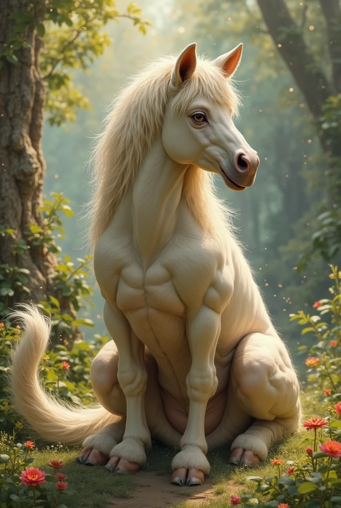 (white unicorn) animal, muscular,((forest)),intimidating look,shiny hair,big chest,sitting with legs open on a rock, Anthropomorphic,furry,anime