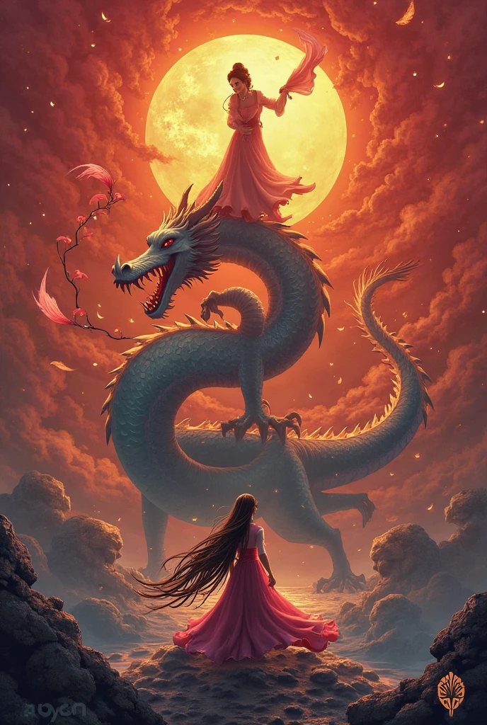 Chinese style red dragon,Dragon and human alliance,background chinese style,Mountains and rivers,dragon huge