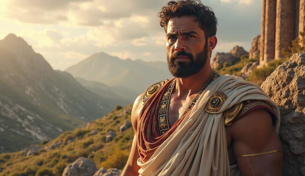 man in greek tunic climbing a mountain
