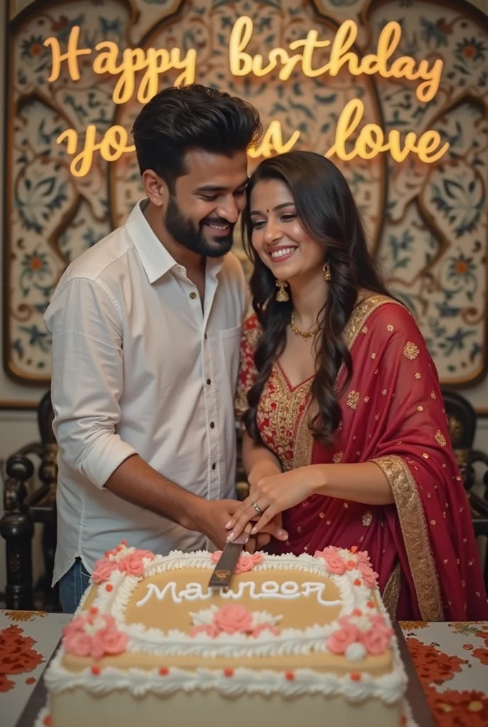 Create a animated picture of king and queen where queen is kissing the king on lips and the cake is on the table written on it Happy birthday Shobhit from vanshika ❤️