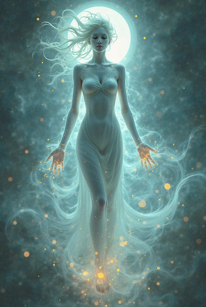 A humanoid hybrid with cascading jellyfish tendrils flowing from its shoulders like a glowing, living cape, each tendril a delicate, ethereal thread that shimmers with iridescent colors and gently undulates as if buoyed by an invisible tide. Its torso is a translucent, opalescent mass that glows with pulsating patterns resembling the light of an aurora, the soft luminescence casting an otherworldly aura around the hybrid as it hovers effortlessly above a moonlit beach, the silvery sand glistening like a canvas of tiny diamonds.
The air is filled with the sweet scent of blooming sea lavender and the distant call of a lone nightingale, as the hybrid's tendrils move as if carried by a gentle underwater current, their movements hypnotic and fluid. Beneath the surface, the waves below shimmer with bioluminescent plankton, their soft glow like a tapestry of twinkling stars, and with a simple gesture, the hybrid commands the tiny organisms to light up in mesmerizing patterns, painting vivid shapes of marine life on the dark ocean surface.
As the hybrid's magic washes over the water, a pair of majestic sea turtles emerge from the depths, their shells glinting in the moonlight as they swim in tandem, leaving behind trails of glittering sparks. Schools of bioluminescent fish dart through the darkness, their scales flashing like diamonds as they weave in and out of the hybrid's tendrils, their path illuminated by the glowing patterns that shimmer and pulse with the rhythm of the ocean.
The hybrid's hands move with an unnerving grace, as if guided by an unseen force, as it summons a wave of bioluminescence to crest and break on the shore, sending a shower of sparkling droplets dancing through the air, each one illuminating the surface of the water like a tiny lantern. In the distance, the silhouette of a great white whale rises from the depths, its massive body undulating as it breaches the surface, its spout spouting a misty veil that shimmers and ripples like the fabric of the aurora-lit sky above.
With each movement, the hybrid seems to become one with the ocean, its living cape of tendrils pulsing with an energy that resonates through every molecule of water, as if the very essence of the sea has been distilled into its being. Its gaze is fixed on some distant point, as if aware of secrets hidden in the depths, and as it hovers suspended above the waves, the world around it holds its breath, waiting for the next enigmatic gesture from this mystical, moonlit guardian of the ocean's secrets.
