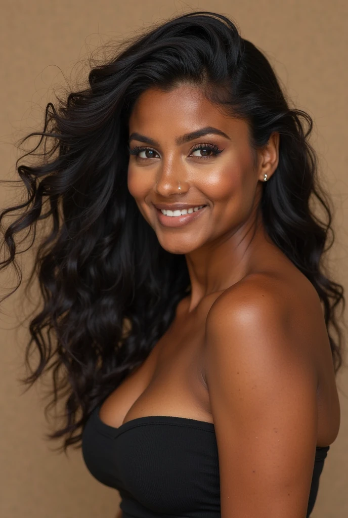 Instagram model, long curly black hair, brown eyes, ultra-realistic, with medium brown skin, 30 years old, beautiful, african-american