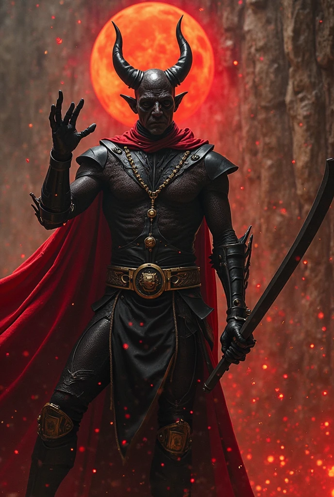 Dark-black skinned Tiefling male. Short, compact, and tightly-wound ram’s horns Dual-wielding a golden sword oozing black smoke and an elegant, curved blade that’s magically glowing a cobalt blue. Can see his chest due to his sleeveless, buttonless, open, black jacket.