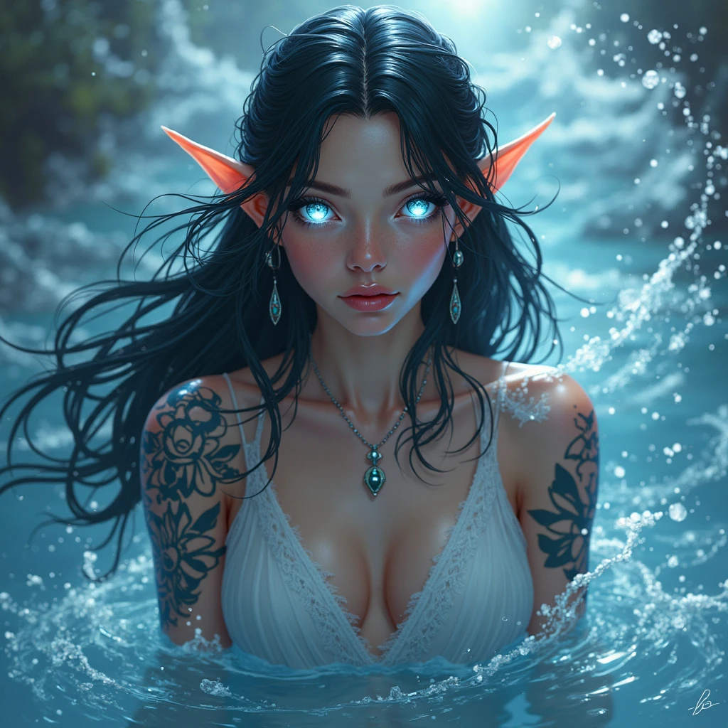 Uma Tiefling morena com cabelos muito longos tomando banho molhada, Realistic, Muitos detalhes, Tema Fantasia Medieval, corpo inteiro, rosto da princesa, corpo definido, Realismo, Cinematic lighting, de cima, super detalhe