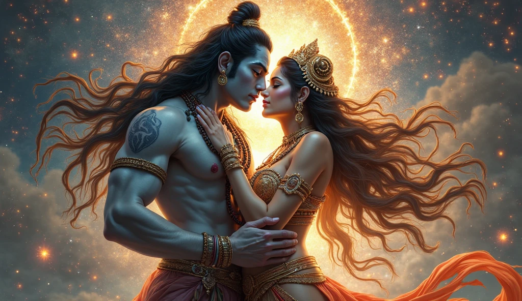 Highly detailed image, ebony goddess durga with ten arms kissing lord shiva who is sitting in her lap