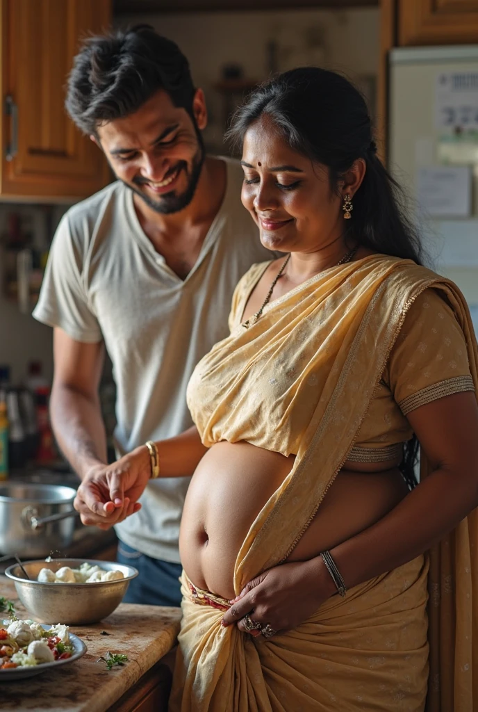 indian lady after gorging a huge meal. Her belly is fully visible. A man is touching and porking her belly.