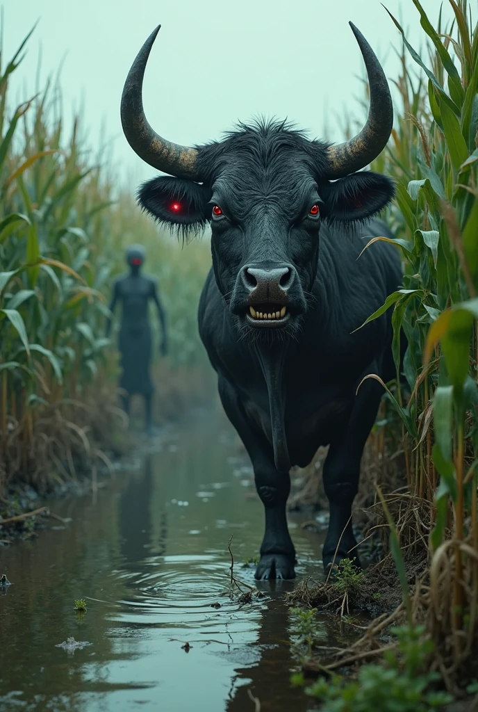 A scary red-eyed cambodia grandmother rides a buffalo in the fields at night 8k