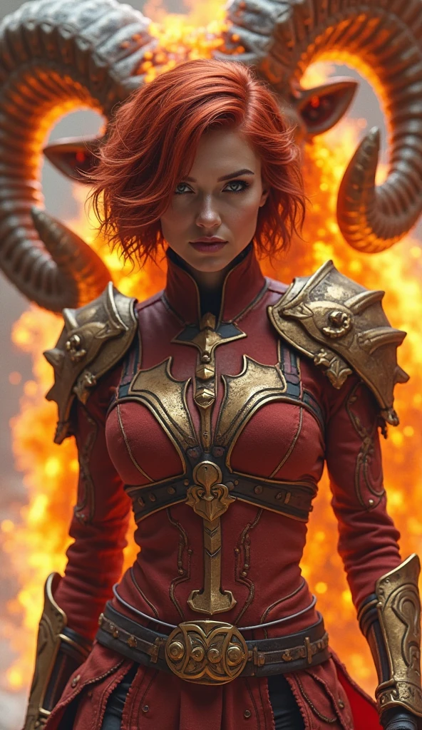 A realistic woman with short wavy red hair and fierce eyes, wearing a ...