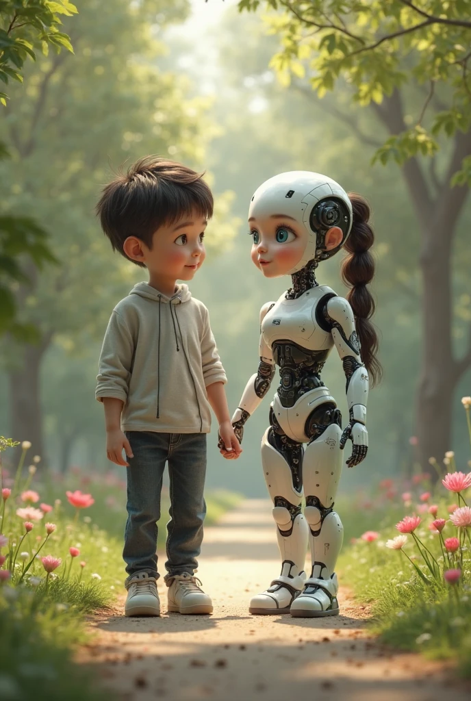 Young boy and his robot girlfriend with straight black hair in a field
