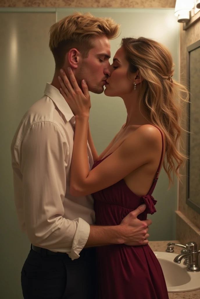 a young girl with long blonde hair in a short dress, sitting on her father's lap, kissing him on the lips, night scene, 8k, best quality, extremely detailed, photorealistic, dramatic lighting, cinematic, emotional, intimate, beautiful, romantic