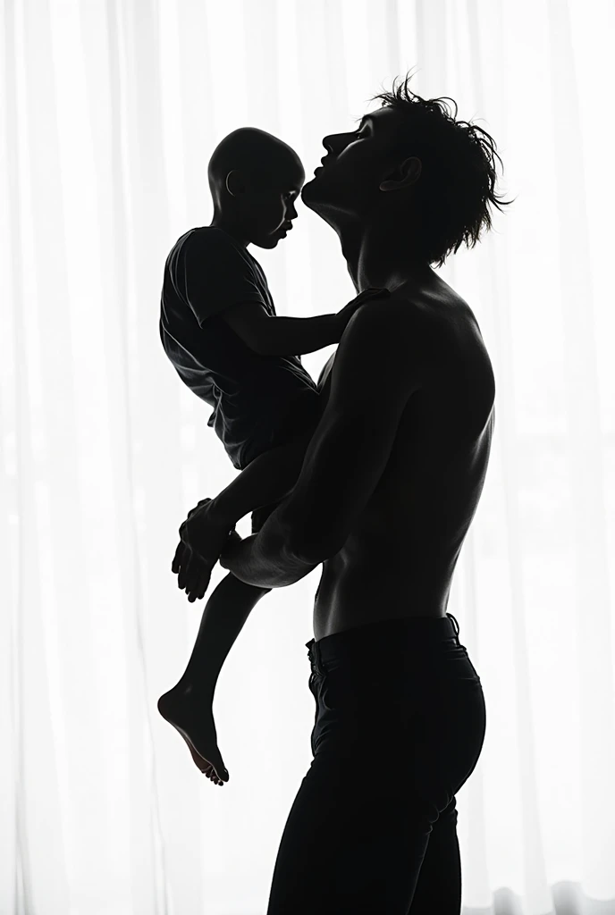 5-year-old brown-haired boy sees his future reflection in a very large mirror at 30 years old with slightly long hair, big and very muscular with many scars and wounds
And they join their hands in the mirror