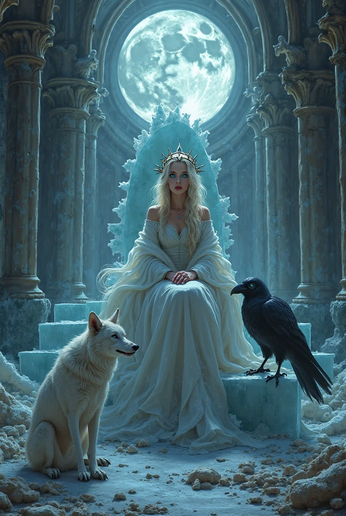 1990s \(Estilo\), retro artEstilo, (Toma de cuerpo completo), Hel from Norse mythology sitting in a dark, spooky forest talking to the spirit of animals.