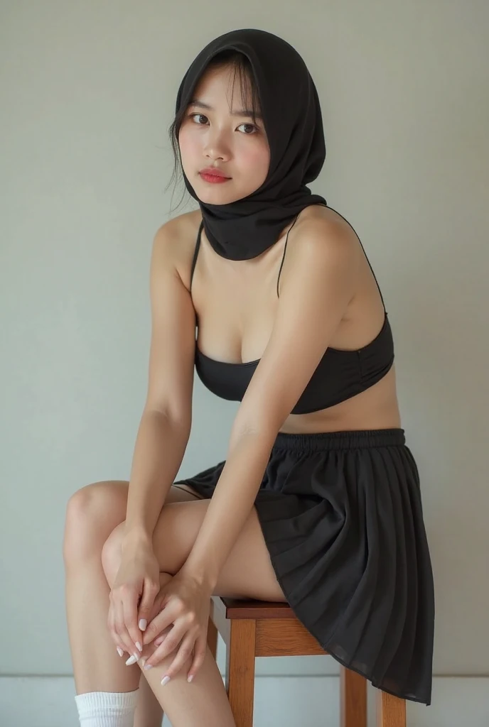 Sexy Malay teenage woman wearing black hijab and sleeveless dress posing with her armpits