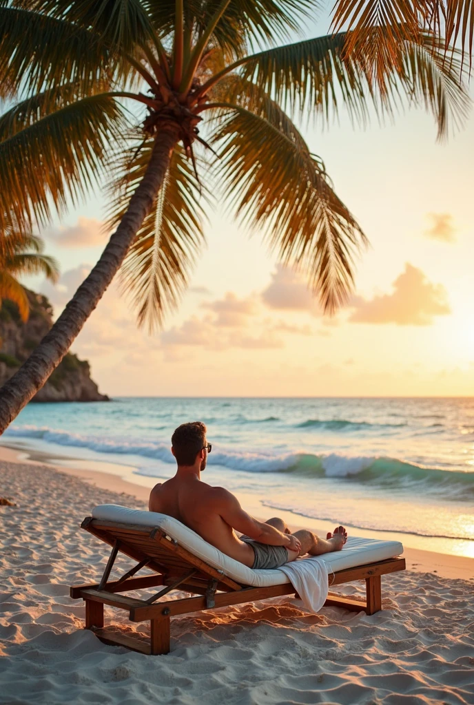 Beach side man sitting under coconut tree 
