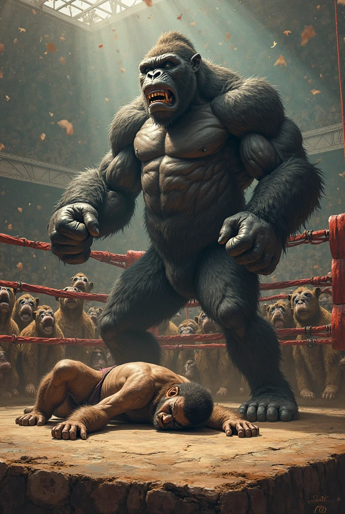A boxing ring in the middle of a dark and lonely street with a blonde boxer sitting in one corner of the ring and a gorilla