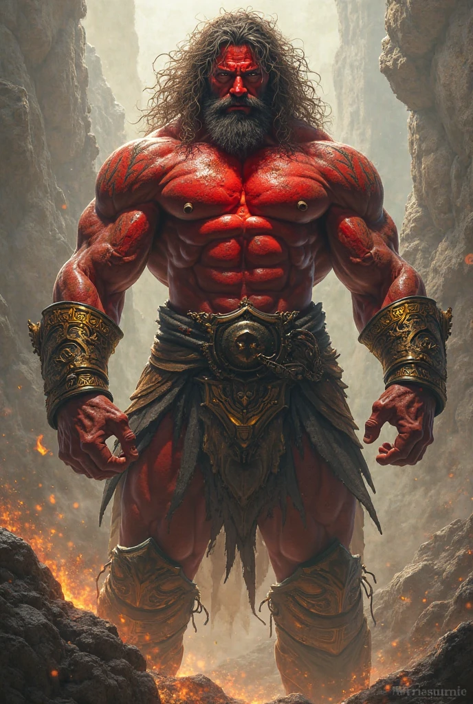 A super muscular being, all red and full of veins, a great emphasis on your muscles. Demonstrates a sense of power, looking like a God. The man has a Viking appearance and demonstrates empowerment. Lightning is all around you and your enormous power emanates fear and respect..
