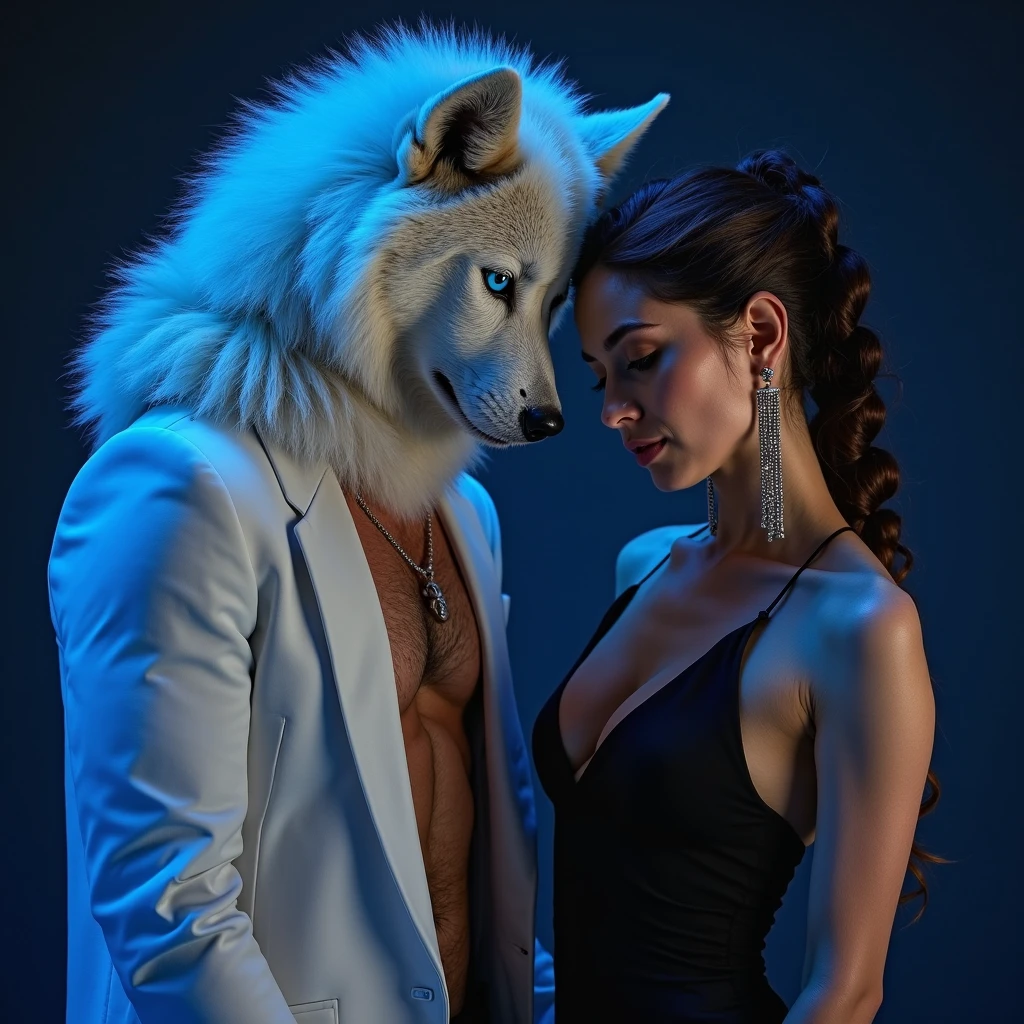 a man in a black suit wearing a wolf mask, embracing a woman with large breasts wearing orange lingerie, the woman facing the camera, in a photography studio, detailed portrait, highly detailed, 8k, photorealistic, dramatic lighting, cinematic, dark and moody atmosphere, dramatic shadows, chiaroscuro, glamorous, seductive, erotic, sensual, mysterious, (best quality,4k,8k,highres,masterpiece:1.2),ultra-detailed,(realistic,photorealistic,photo-realistic:1.37)