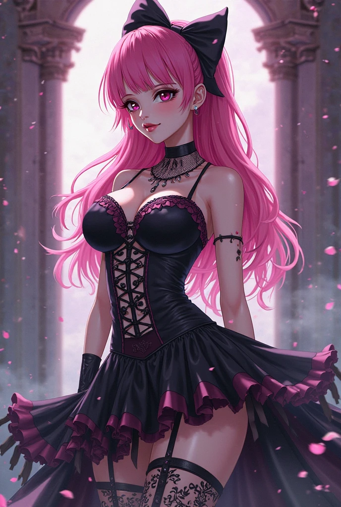 ultra realistic 8k cg, masterpiece, ((ultra detailed background, delicate pattern, intricate detail)), (highly detailed, fine details), best quality, 1girl, (photorealistic:1.4),beautiful lighting, absurdres, RAW photo, film grain, ((medium breasts, slim girl)), Perona, 1girl, long hair, pink hair, solo, black eyes, blunt bangs, cleavage, twintails, drill hair, smile, dress, hat, lipstick, ghost, makeup, black dress, bare shoulders, strapless, stuffed toy, collarbone, frills, top hat, skirt, (thighhighs) (complex detailed background, inside, bedroom environment, posters, window), ((small breasts, slim girl, gothic clothing)), <lora:BeautifulDetailedEyes:0.4>, <lora:DetailTweaker:0.5>, <lora:Perona10:0.7>