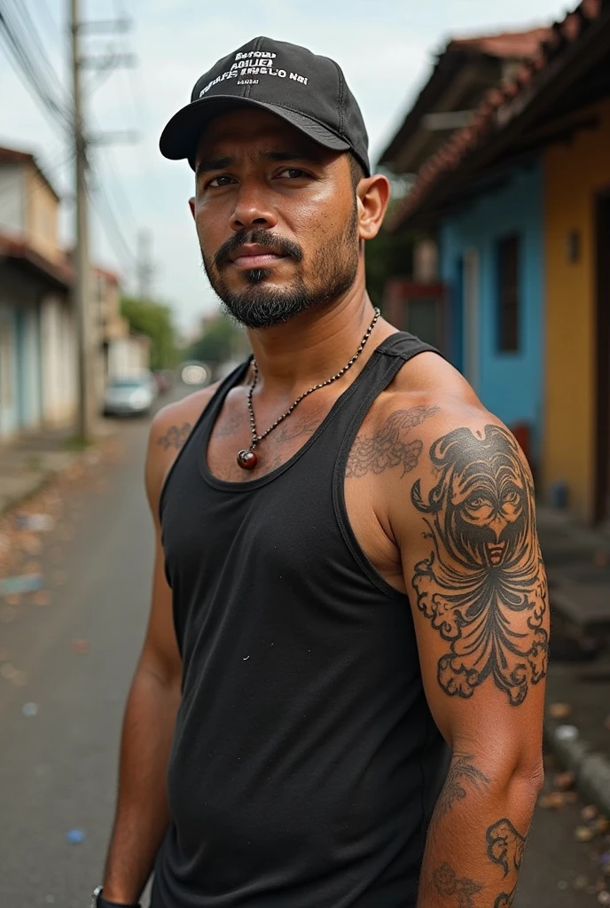 Homem moreno bonito, 20 anos, cabelo curtos, bigode e cavanhaque, capoeirista, na favela do rio de janeiro, selling treats in traffic