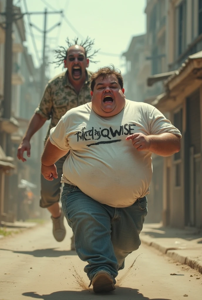 Create image of 2 men, one fat and one skinny, running in a cane field carrying a sack. With a sign that says you can Carlos
