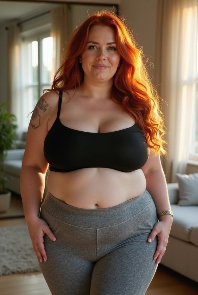 A Happy photo of a young beautiful redhead bbw with soft fat belly, wide fat obese hips, thick fat legs and fat arms, cute pretty face, small breasts, blue eyes, freckles, in a covering sweather and long ripped trousers in an autumn forest