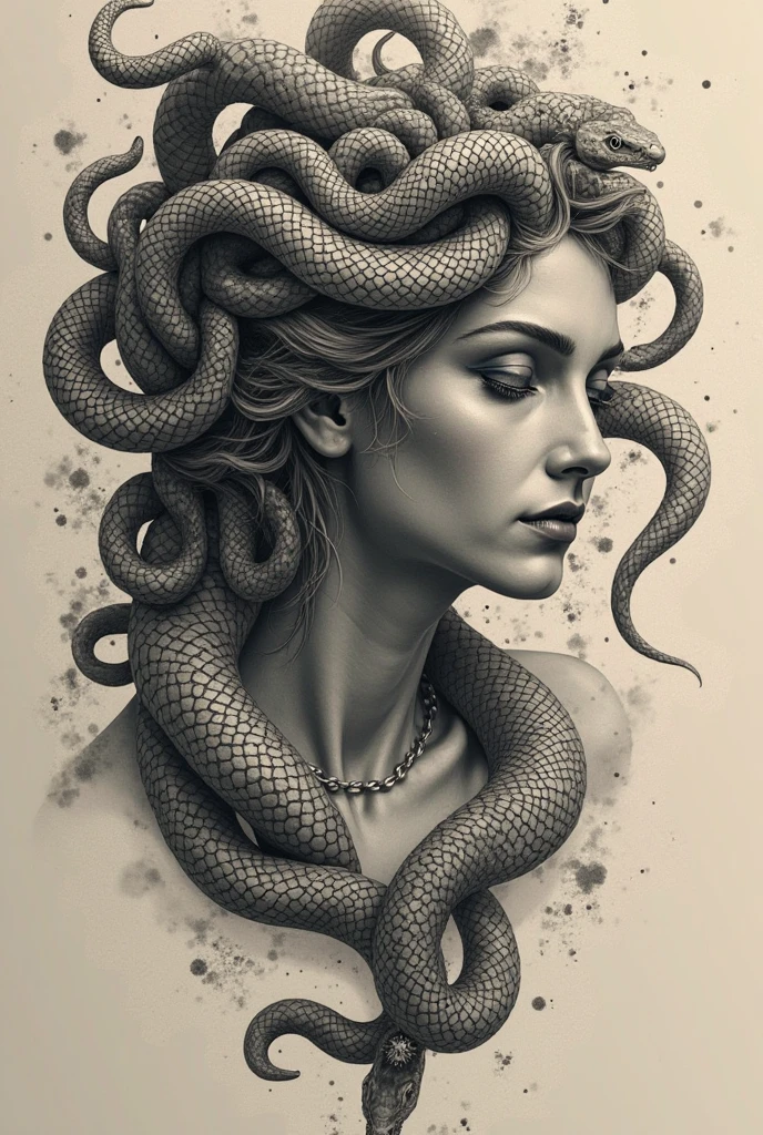 recreate, Medusa with snakes on her head, rays coming out of the eyes, well-defined and realistic snakes