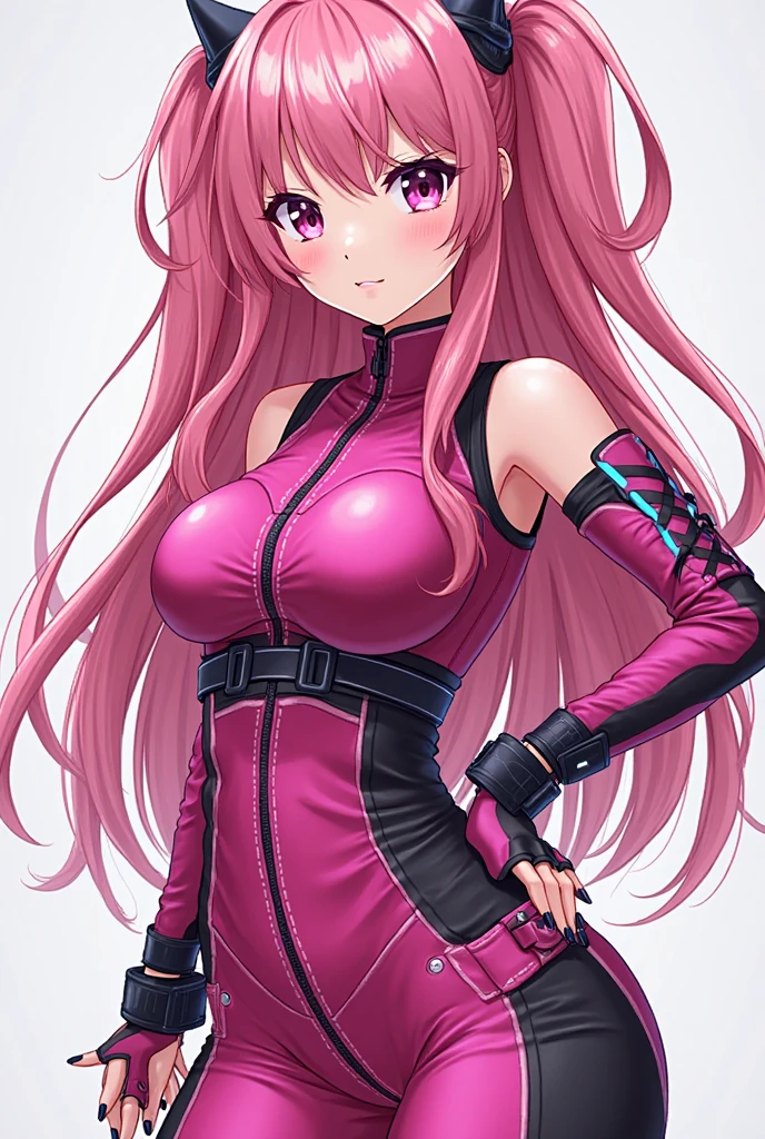 Magenta hair, brown eyes, older woman, long thick hair, hair ornaments, happy, cat ears, sexy uniform outfit, pink and green backgrounds, pose, abstract background fantasy