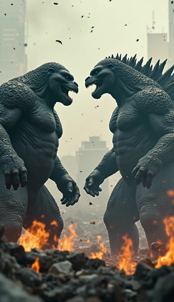 (best quality,4k,8k,highres,masterpiece:1.2),ultra-detailed,(realistic,photorealistic,photo-realistic:1.37),a fierce battle,(Godzilla:1.5) and Kong,(massive,devastating) destruction,(intense,heart-pounding) action,(powerful,earth-shattering) impact,skyscrapers crumbling,roaring and stomping,(giant,monstrous) creatures,chaotic cityscape in ruins,King Kong's gigantic fists,Godzilla's (lethal,burning) breath,fiery explosions,(dramatic,epic) confrontation,buildings collapsing,debris flying in the air,smoke and dust engulfing the scene,ferocious claws and teeth,(tense,suspenseful) atmosphere, adrenaline-filled, colossal force,unleashed power,mythical creatures,vivid colors,lights flickering and dimming,shattered windows and broken glass, intense physicality,monumental strength,earthquake-like tremors,monstrous shadows,terrified onlookers,power struggle,desperate battle for supremacy,unyielding determination (and courage),(action-packed,spectacular) showdown,mind-blowing visual effects,temporary truce between the giants,final clash of two titans.