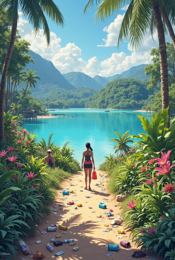 PEAnimeBG, アニメ, fund,
wasteland, oasis, sand, water, flowers, palmtrees,
work of art, high resolution, octância 4k, High detail and a girl bathing