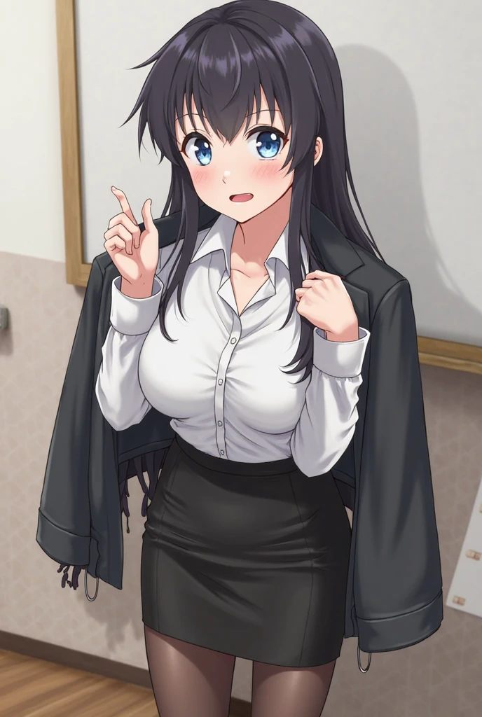 A woman with very long black hair and (very long bangs:1.5), wearing a  and skirt, blazer, pantyhose, standing. The artwork is inspired by manga and incorporates a doujin style. The woman appears to be (wetting herself:1.5), which causes her to feel embarrassed and humiliated, resulting in a blush on her face. In addition, there is an air of anger in her expression. The lighting in the scene is moody, with a spotlight highlighting the woman's figure. She is crossing her arms, arms crossed, fully showcasing her skirt., large breasts
