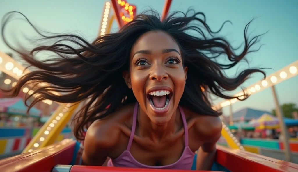 aerial photo of a jade sudanese female happily joyful in a roller coaster, roller coaster fun ride, sunny futuristic landscape, wearing a tight latex blouse with navy blue glossy ruffles and liquid-lacquered leggings, uploaded to tik tok