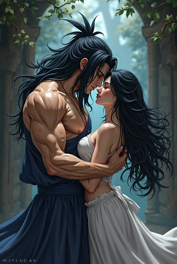 A surreal and ethereal landscape of the Greek God Hades, tall and imposing, seductive and manly, with horns and long black hair, blue eyes, beautiful perfect face, strong and perfect body, and of the Greek goddess Persephone with green eyes curly blonde hair and the perfect face, while they are both in a dreamlike embrace in the depths of the underworld,  Detailed rendering of every detail, detailed rendering of the face, realistic and perfect rendering, high resolution, 8K, kiss. Docile, delicate, innocent.