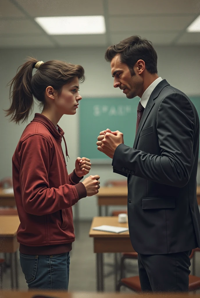 Hyper realistic image of a male student throwing a chair on a female teacher