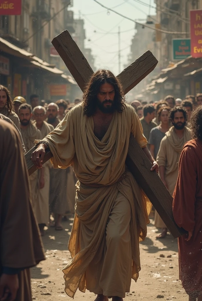 Black Jesus carrying the cross through the streets