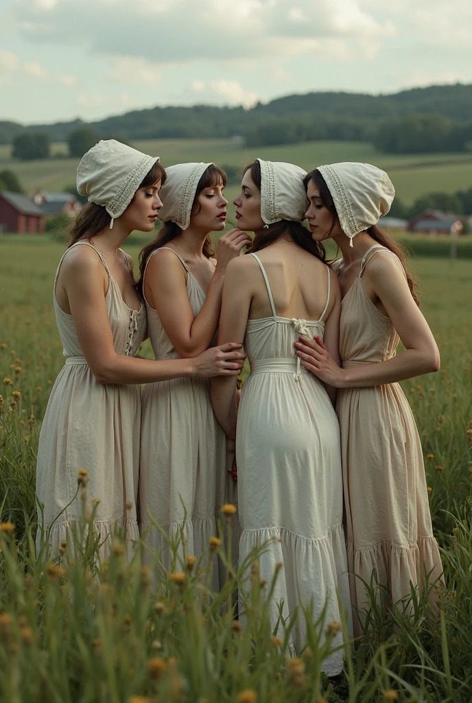 three naked women standing in a field with a white sheet, photo from behind, in a field, picture from behind, long shot from the back, view from the back, in a grassy field, back - shot, view from behind, backview, in a grass field, looking from behind, triad of muses, in a row, in the countryside