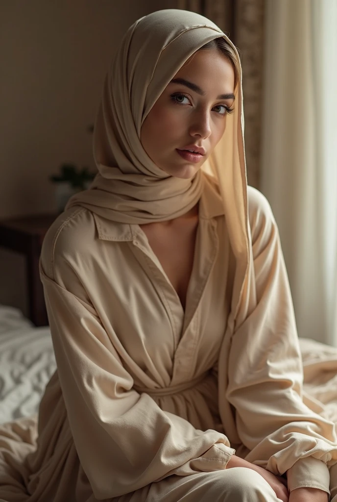 beautiful woman muslimah sitting on bed, wearing loose off-shoulder top, indoors, soft lighting, plants in background, window with sunlight, cozy room, relaxed pose, realistic, intricate details, warm colors, by Greg Rutkowski,