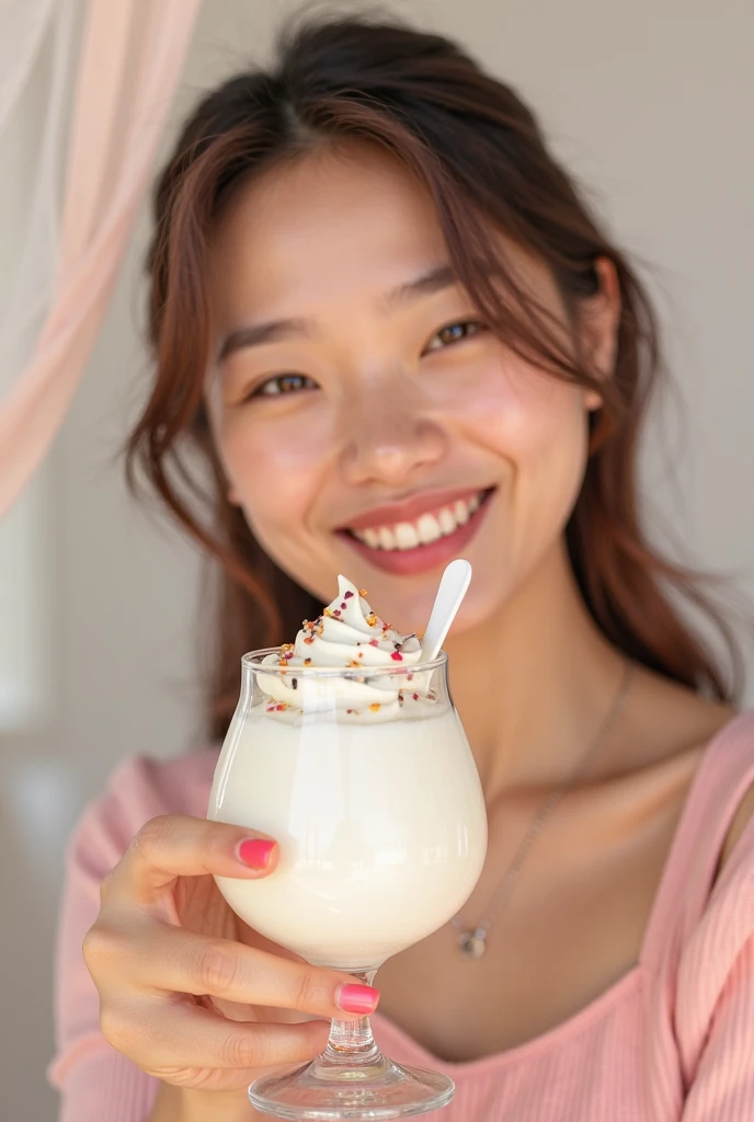 ((Highest quality, 8K, Tabletop:1.3, 1 Girl, Beauty)), cute, dynamism, Detailed face, Detailed skin, Fine grain, Detailed lips, Detailed fingers, Mouth details, Detailed teeth, Detailed tongue, Round eyes, Realistic, RAW Photos, Natural light, Perfect Anatomy, High resolution, ((Milk liquid on naked body:1.2)), Body covered in milk, Thighs, Side bust, Full body view,Height: 170cm,長身スレンダーBeauty